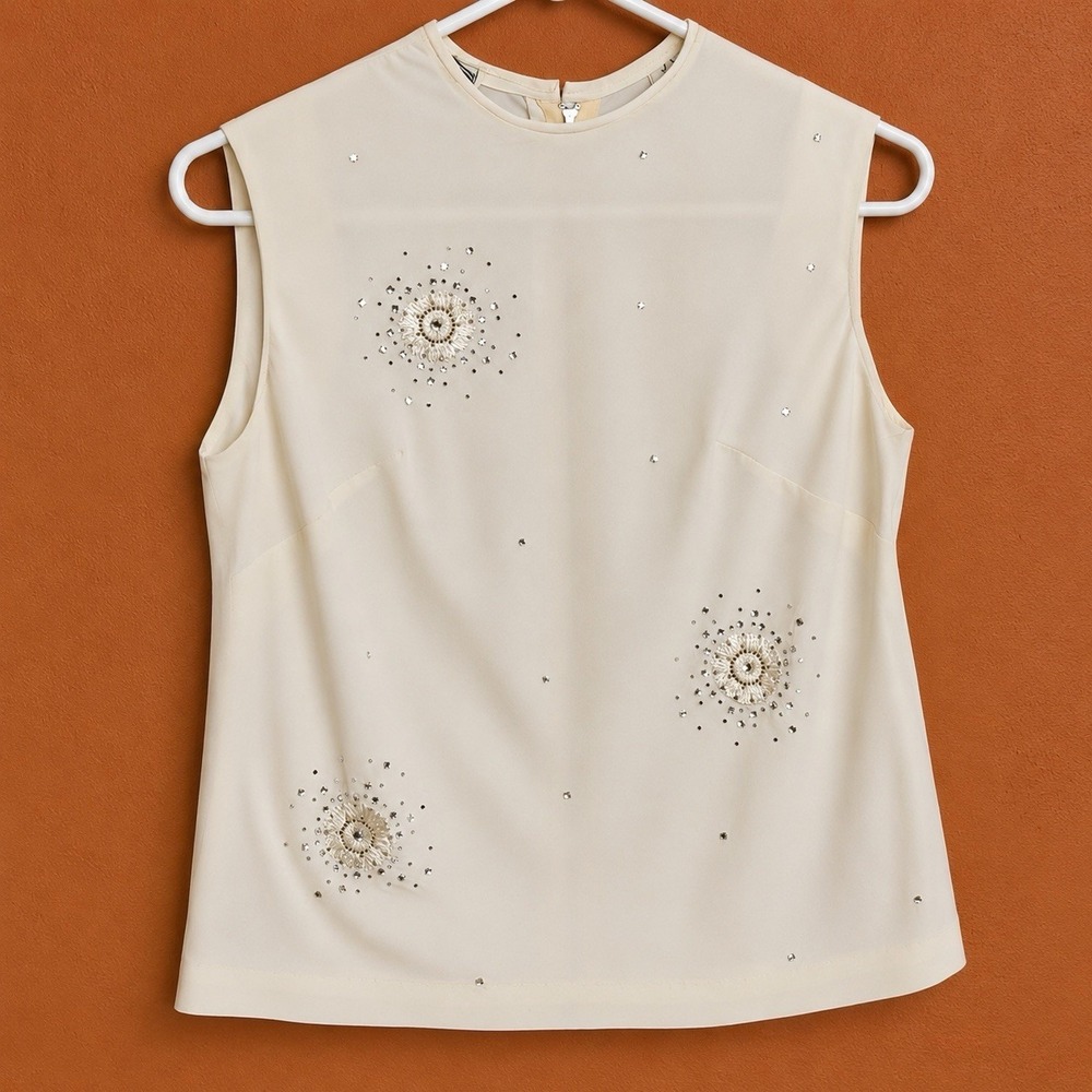 Vintage 1960's Embellished White Top Blouse Sleeveless Formal Dress Starburst M